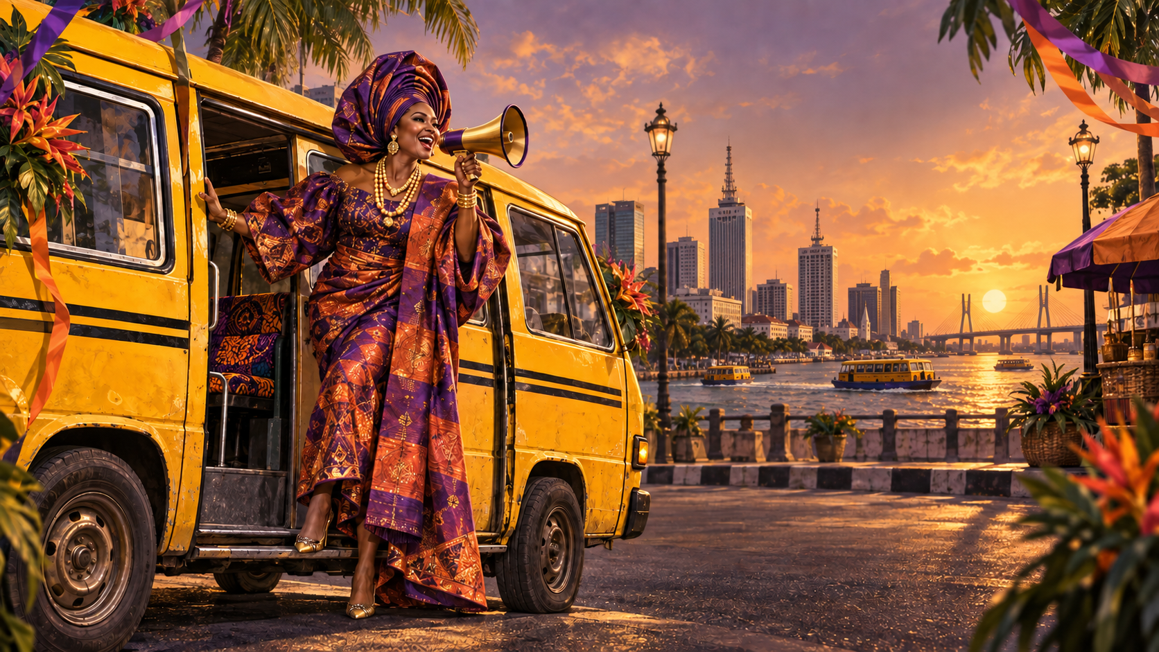 A Yoruba town crier beside a yellow danfo with the Lagos skyline
